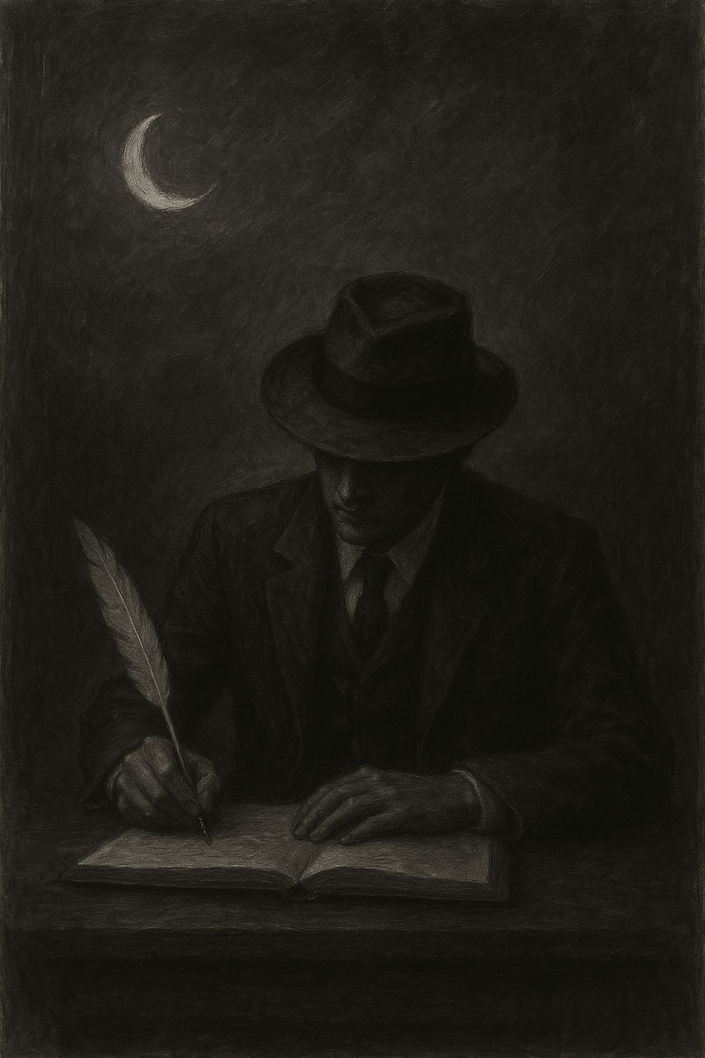 A black and white portrait of a man with a thoughtful expression, partially obscured by shadow, wearing a fedora.