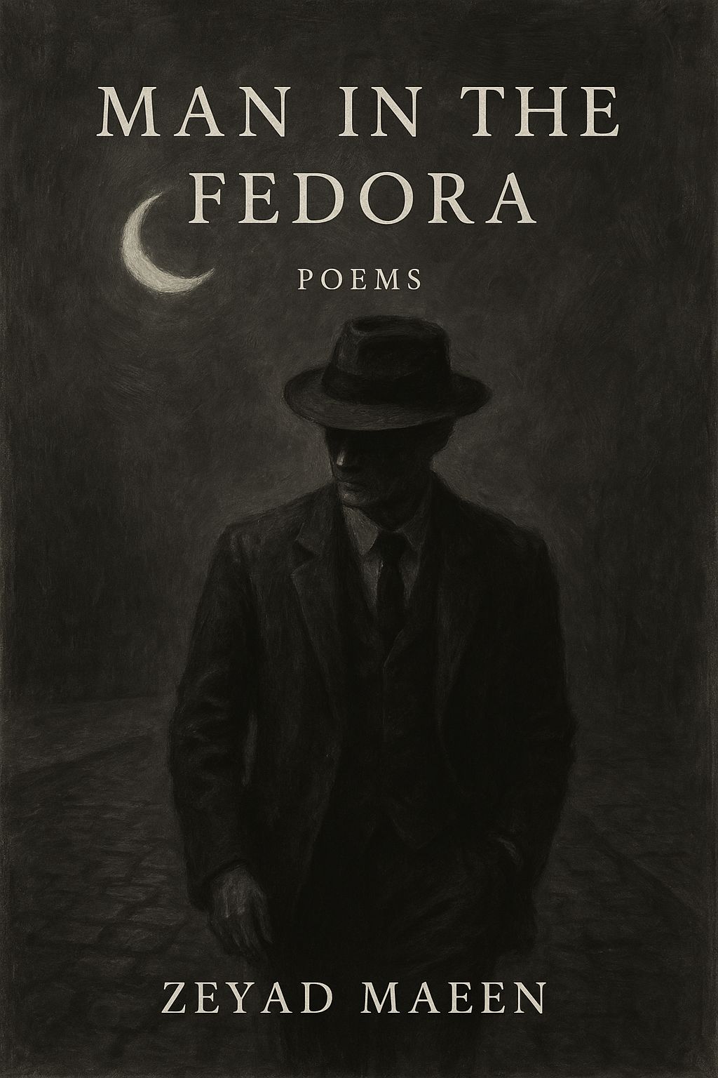 The cover art for the book 'Man in the Fedora', featuring a minimalist design with a fedora and a single raindrop.