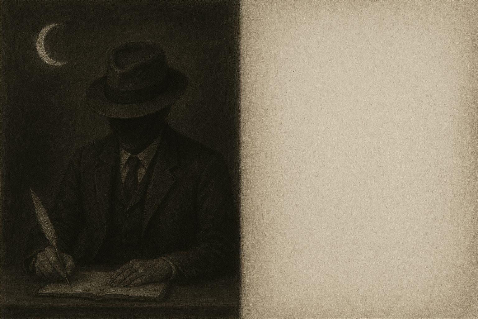 A moody, vintage-style image of a person in a fedora looking out over a city at dusk.
